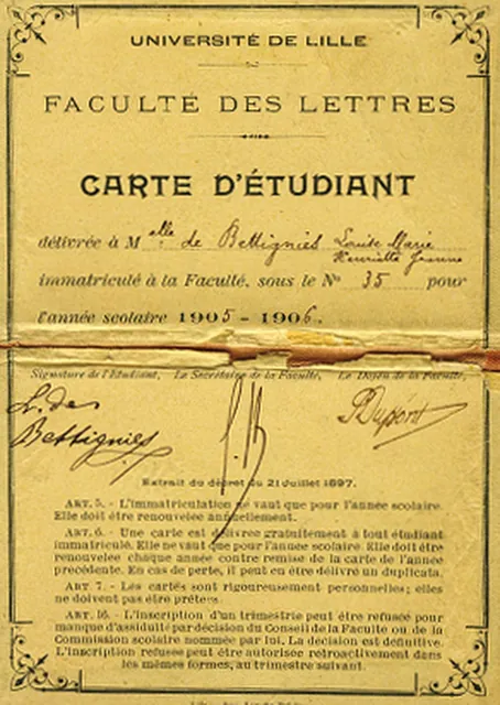 Carte d'étudiante de Louise de Bettignies, Faculté des lettres de l'Université de Lille, année scolaire 1905-1906, archive