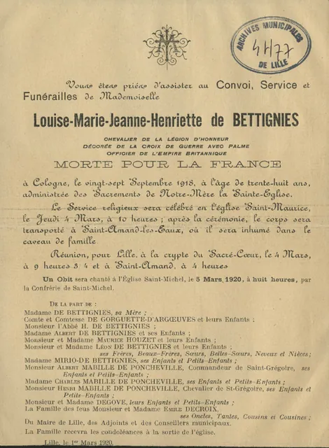 Faire-part des obsèques de Louise de Bettignies à Lille en mars 1920, avec tampon des Archives municipales de Lille, archive
