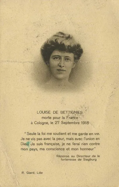 Image mémorielle de Louise de Bettignies, morte pour la France à Cologne le 27 septembre 1918, avec son portrait, archive