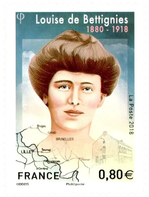 Timbre français de La Poste émis en 2018 : portrait de Louise de Bettignies (1880-1918) devant une carte du front entre Lille, Tournai et Bruxelles, valeur 0,80 €, archive, Camuche de Bettignies à Tournai