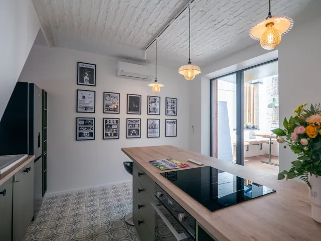 Cuisine sous charpente blanche, galerie de planches de bande dessinée consacrée à Louise de Bettignies et porte vitrée sur la terrasse, Camuche de Bettignies à Tournai