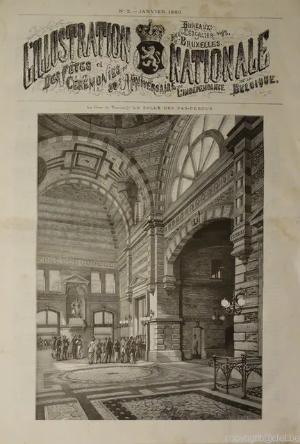 Une de L'Illustration nationale, janvier 1880 : gravure de la salle des pas-perdus de la gare de Tournai, voûtes, grande baie en éventail et voyageurs, archive
