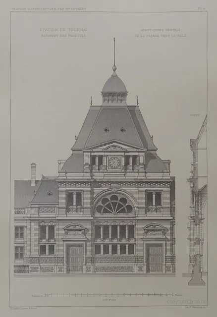 Planche des « Travaux d'architecture par Hⁿ Beyaert » : station de Tournai, bâtiment des recettes, avant-corps central de la façade vers la ville, avec coupe, archive