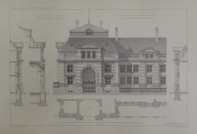 Planche des « Travaux d'architecture par Hⁿ Beyaert » : station de Tournai, bâtiment des recettes, pavillon d'angle et arrière-corps de la façade vers la ville, avec coupes et plan, archive