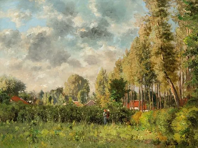 Peinture : paysage de campagne aux grands peupliers, toits rouges au loin et deux silhouettes sous un ciel nuageux, archive, Camuche Boulenger à Tournai
