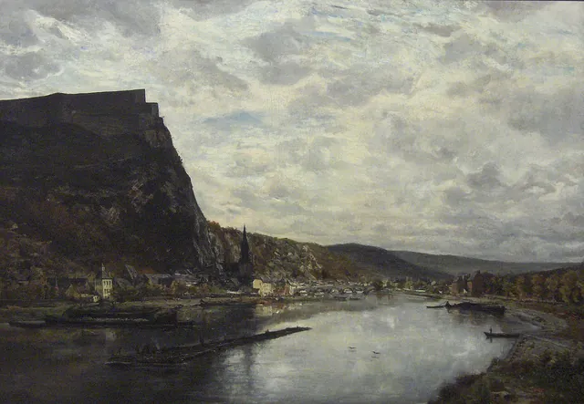 Peinture : ville au pied d'une falaise couronnée d'une citadelle, au bord d'un fleuve sous un ciel nuageux, archive, Camuche Boulenger à Tournai