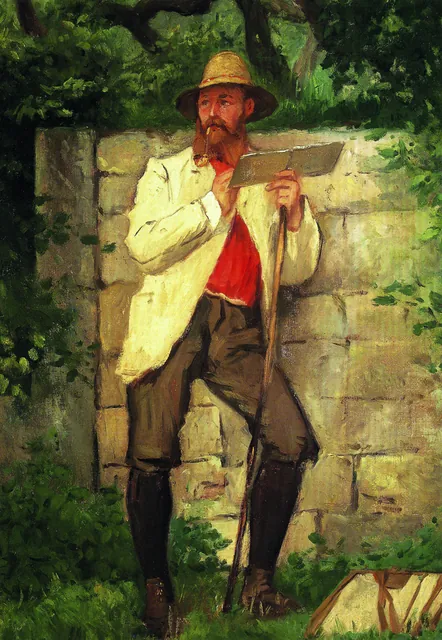 Peinture : homme à la pipe et au chapeau de paille, adossé à un mur de pierre et tenant un carnet de croquis, archive, Camuche Boulenger à Tournai