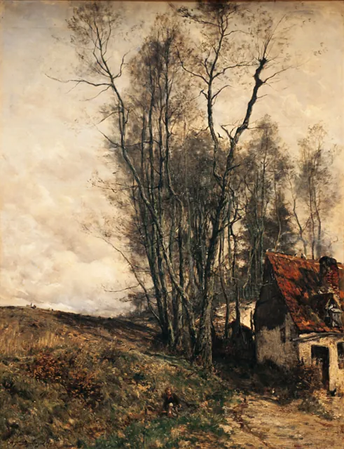Peinture : grands arbres nus sur une colline et maison au toit de tuiles rouges, archive, Camuche Boulenger à Tournai