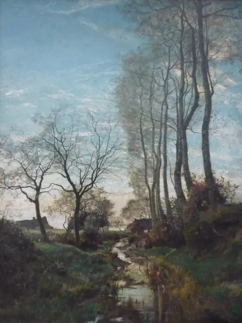 Peinture : ruisseau serpentant entre de grands arbres sous un ciel bleu, fermes au loin, archive, Camuche Boulenger à Tournai