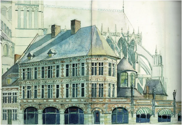 Aquarelle d'un immeuble d'angle en brique rose et pierre claire sous un toit d'ardoise bleue, devant le chevet gothique d'une grande église, statues sur un mur bas et auvents rayés vert et blanc, archive