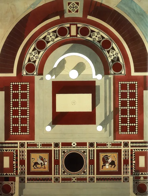Dessin aquarellé en vue de dessus d'un pavement de mosaïque rouge, noir et crème, bordures géométriques, lions et taureaux dans des cadres carrés, archive
