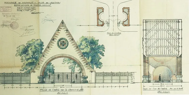 Dessin aquarellé de l'entrée principale du cimetière communal de Lessines, signé Henry Lacoste, Bruxelles, 1er août 1925 : façade à pignon triangulaire orné de croix, plan et coupe, archive