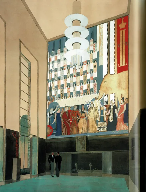 Perspective aquarellée d'un haut hall aux murs rosés, suspension à disques blancs et grande fresque à l'éléphant et aux personnages en costumes, deux hommes en costume au premier plan, archive