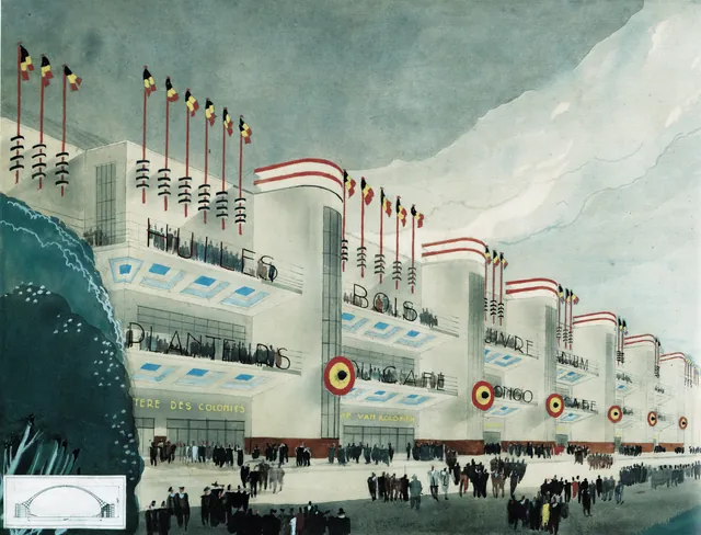 Perspective aquarellée d'un long bâtiment blanc à bandeaux rouges et mâts de drapeaux belges, enseignes « Huiles », « Bois », « Planteurs », « Café » et « Ministère des Colonies », foule au premier plan, archive