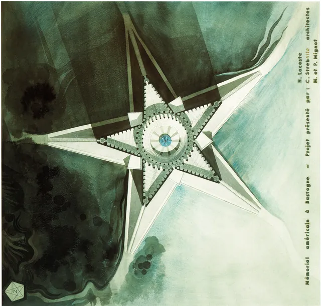 Aquarelle en vue de dessus d'un projet de mémorial en forme d'étoile, avec la mention « Mémorial américain à Bastogne, projet présenté par C. Strebelle architectes, M. et P. Mignot », archive