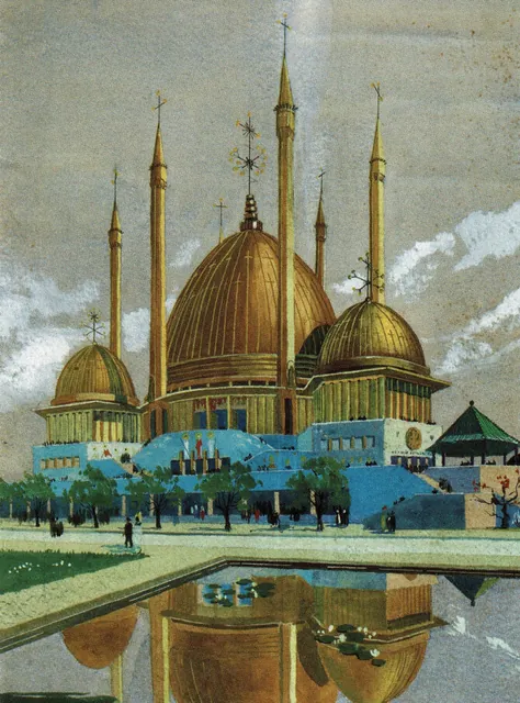 Gouache d'un pavillon d'exposition à dômes dorés et minarets sur des terrasses bleues, bassin où se reflètent les coupoles, promeneurs au premier plan, archive