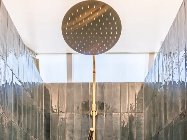 Douche à l'italienne avec pomme de pluie en laiton brossé et carreaux émaillés, Camuche Lacoste à Tournai