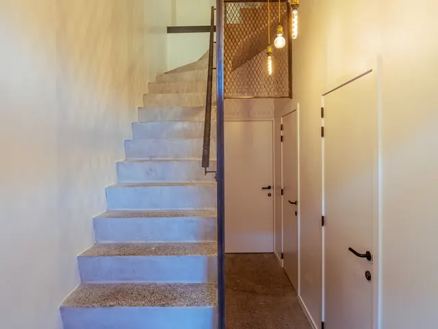Escalier en béton poli et palier éclairé par des ampoules suspendues, portes des logements, Camuche Michiels à Tournai