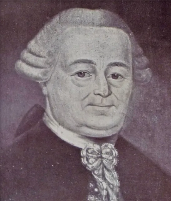 Portrait ancien de Peterinck : reproduction d'un portrait d'homme en perruque poudrée et jabot de dentelle, teinte violacée, archive, Camuche Peterinck à Tournai
