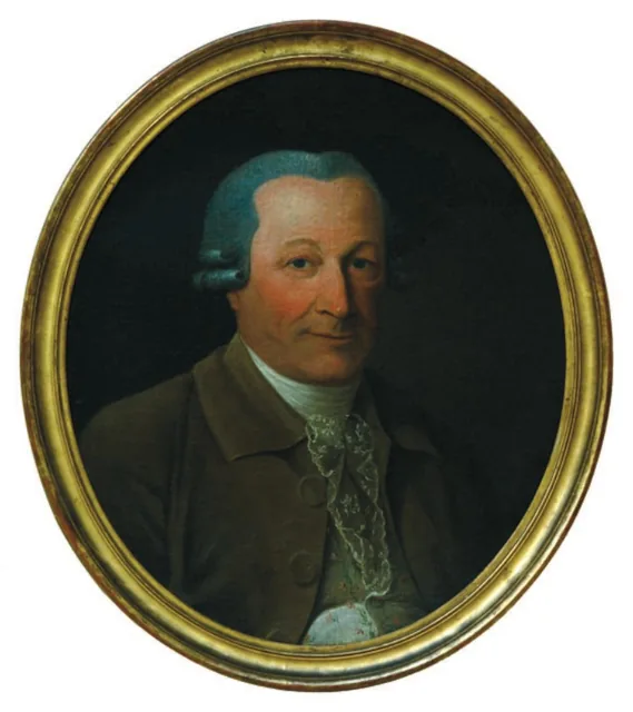 Portrait peint de Peterinck : homme en perruque poudrée grise et veste brune, jabot de dentelle, huile dans un cadre ovale doré, archive, Camuche Peterinck à Tournai