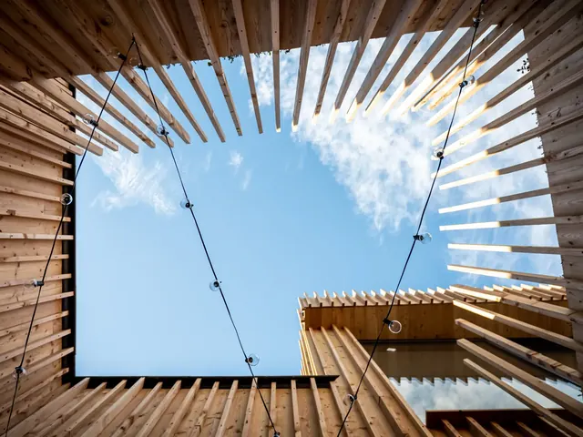 Patio en bois ouvert sur le ciel avec guirlande lumineuse, Camuche Peterinck à Tournai