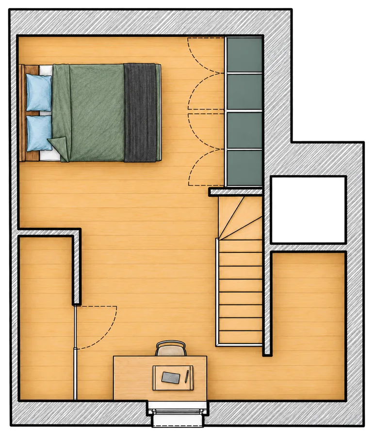 Plan de l'étage du duplex Camuche Beyaert : chambre avec lit double, armoire et bureau