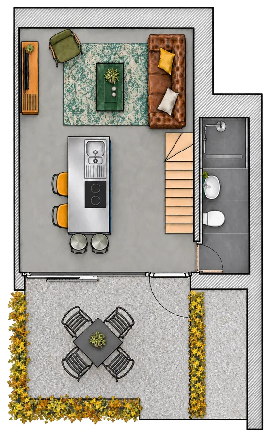 Plan du rez-de-chaussée du duplex Camuche Beyaert : séjour, cuisine avec îlot, salle de douche et patio