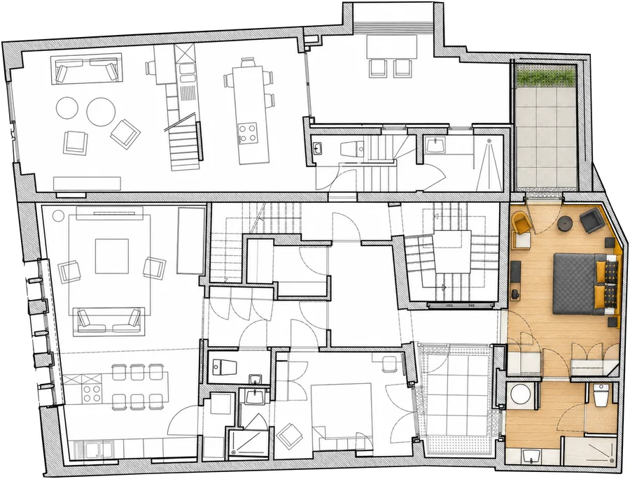 Plan du premier étage de la Camuche Boulenger : chambre, salle de bain et patio