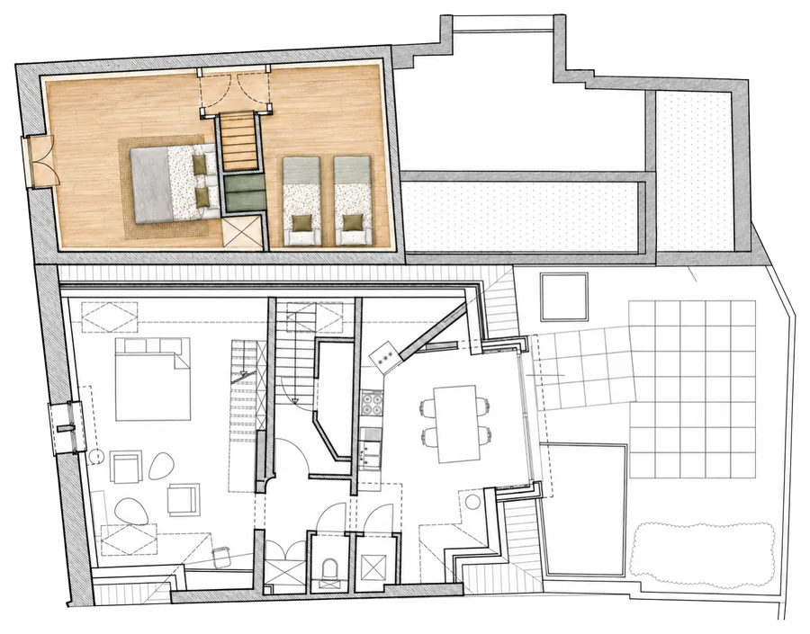 Plan du deuxième étage de la Camuche de Bettignies : deux chambres, avec un lit double et deux lits simples