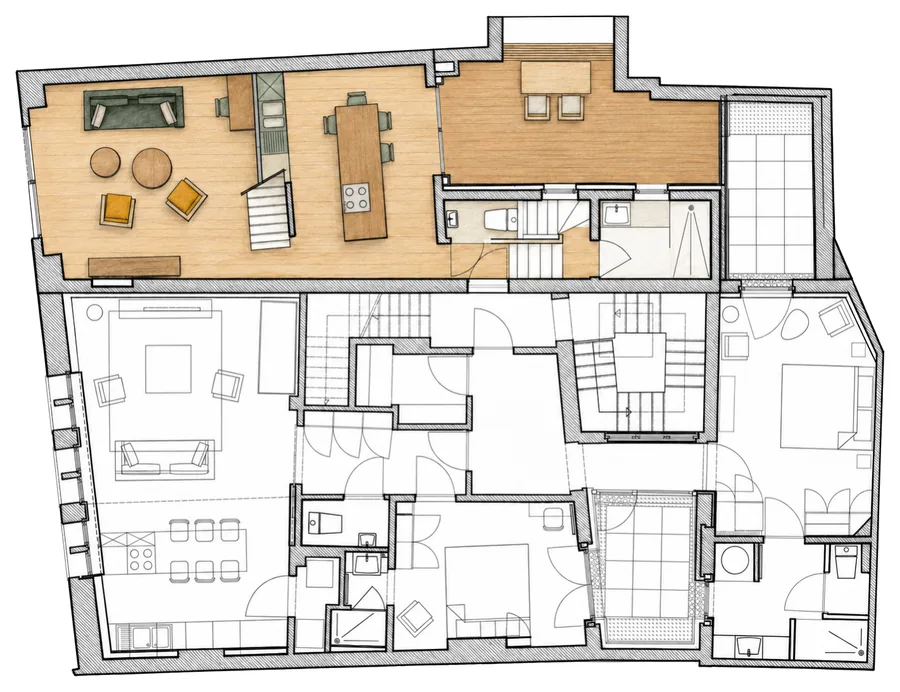 Plan du premier étage de la Camuche de Bettignies : séjour, cuisine, salle à manger et terrasse