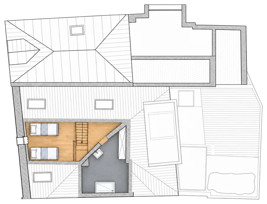 Plan des combles du duplex Camuche Desclée : deux lits simples et salle d'eau