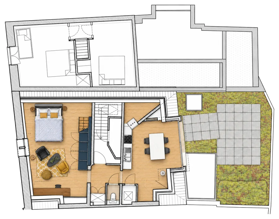 Plan du deuxième étage du duplex Camuche Desclée : chambre, séjour, cuisine et terrasse