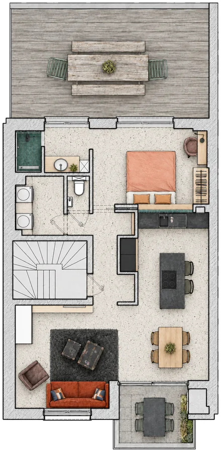 Plan de l'appartement Camuche Dutrieu : séjour, cuisine, chambre, salle de douche, loggia et grande terrasse en bois