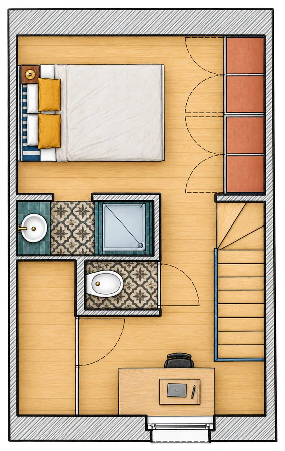 Plan de l'étage du duplex Camuche Lacoste : chambre avec lit double, salle de douche, toilette et bureau