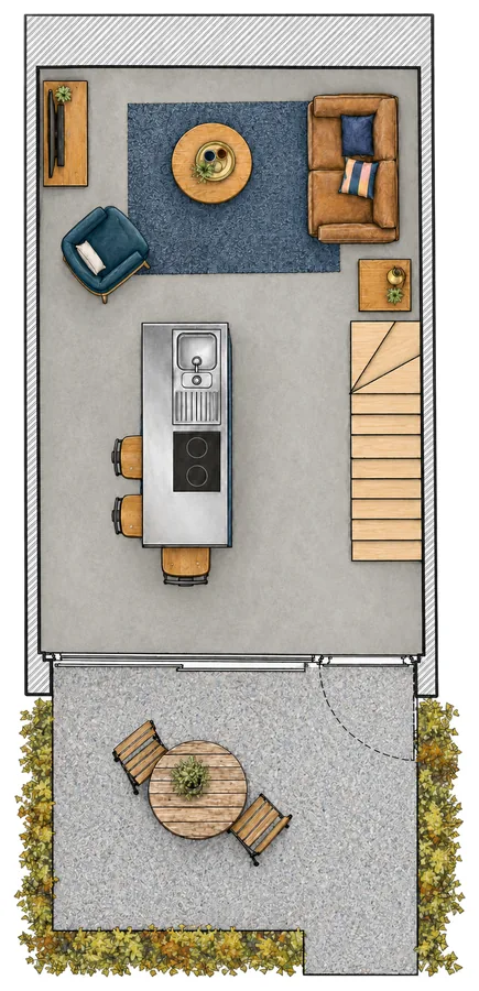Plan du rez-de-chaussée du duplex Camuche Lacoste : séjour, cuisine avec îlot et patio