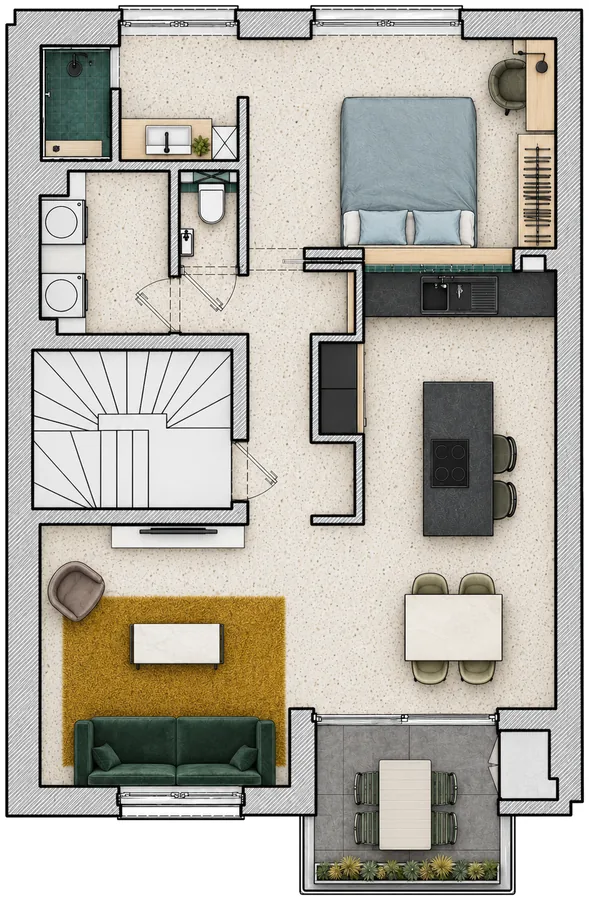 Plan de l'appartement Camuche Michiels au deuxième étage : séjour, cuisine, chambre et salle de bain