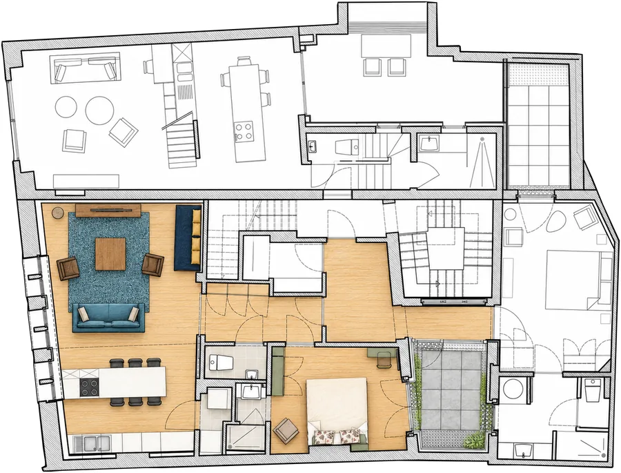 Plan du premier étage de la Camuche Peterinck : séjour, cuisine ouverte, chambre et patio